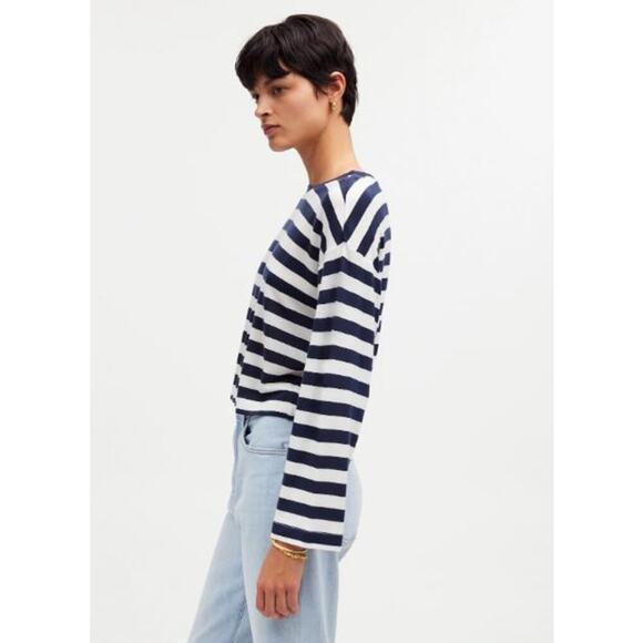 Madewell Stripe Drop-Shoulder Pullover Crop Tee NR337 Dark Nightfall Size S NWT - Picture 4 of 5